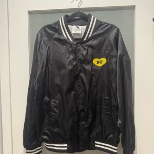 Black Satin Bomber Jacket with Yellow Heart Patch